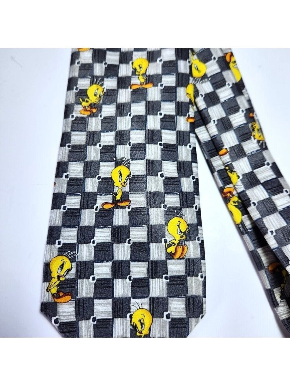 Vintage Warner Brothers Looney Tunes Tweety Bird Tie 1999 Black & White Check